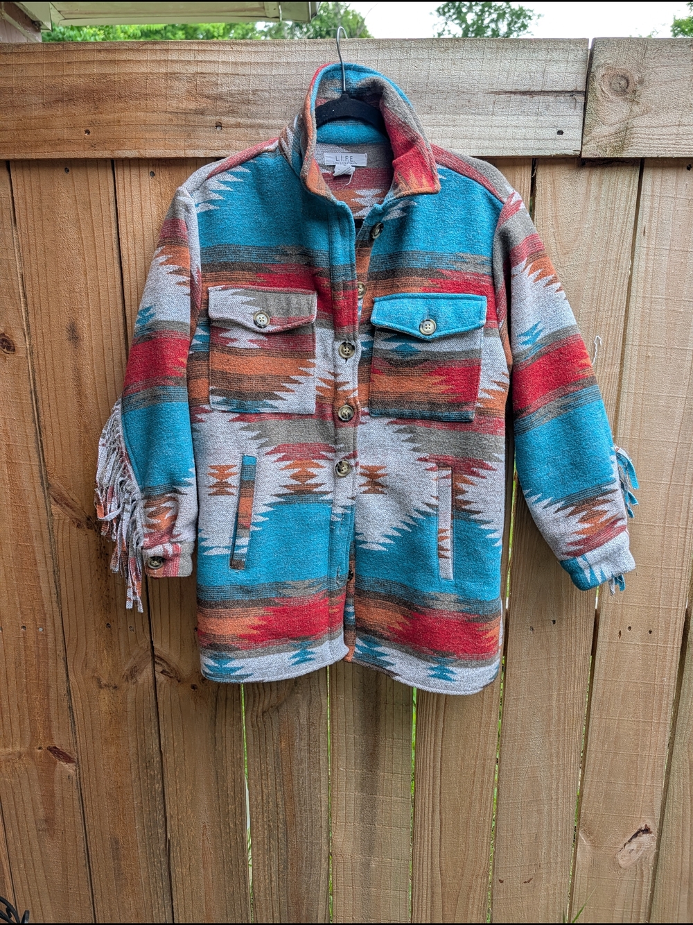 Aztec Pattern Fringe Wool-Blend Jacket in Turquoise & Red